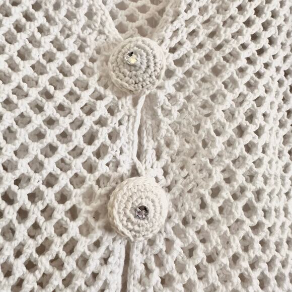 Pure Handknits Cotton Open Crochet Cardigan Sweater Rhinestone Buttons S/M Artsy - Picture 2 of 6